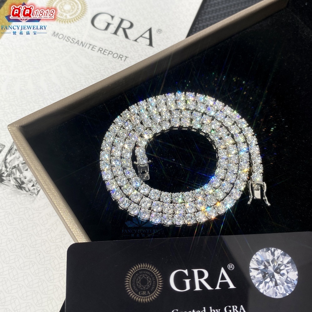 Hip Hop Jewelry 2mm 3mm 4mm Long Necklace 925S Silver VVS Moissanite Diamond Pass Diamond Tester Tennis Chain