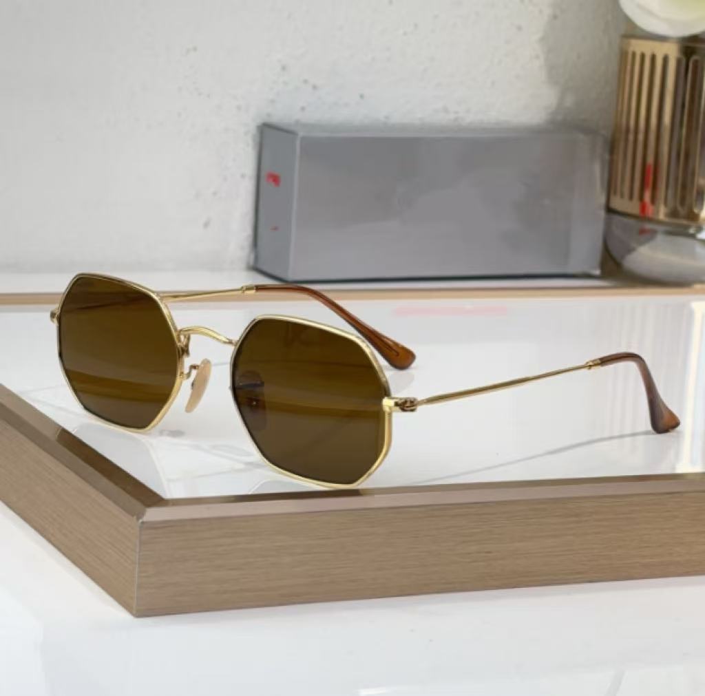 Luxury Hexagon metal Women Mens Sunglasses Fashion Womens Octagonal Sunglasse Driving Metal Sun Glasses Gold Frame UV400 Glass Lenses with Leather 3