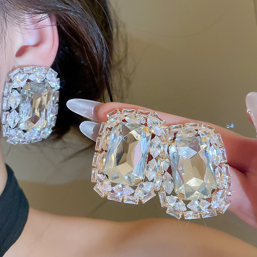 Silver needle studded diamond square earrings, personalized fashion niche and exaggerated earrings, light luxury and high-end earrings for women-image-1099497688