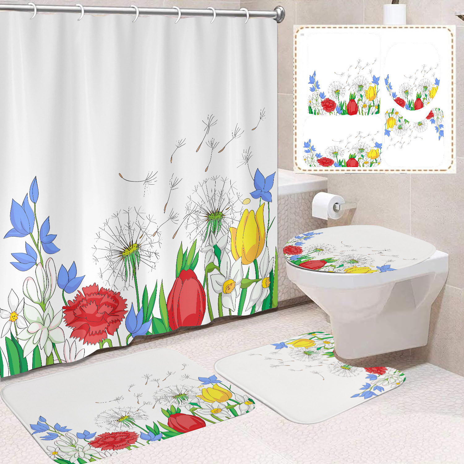 YL-38410 Floral Shower Curtain and Mat Set (4 Pieces) - Bathroom Dry and Wet Separation Toilet Isolation Curtain - Modern Minimalist Style-image-1099642430