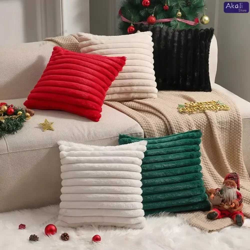 Faux Rabbit Fur Cushion Cover Plush Pillow Cover Soft Fluffy Striped Cushion Cover Decorative Pillows Luxury Home Decor for Sofa H260330-image-1099630009