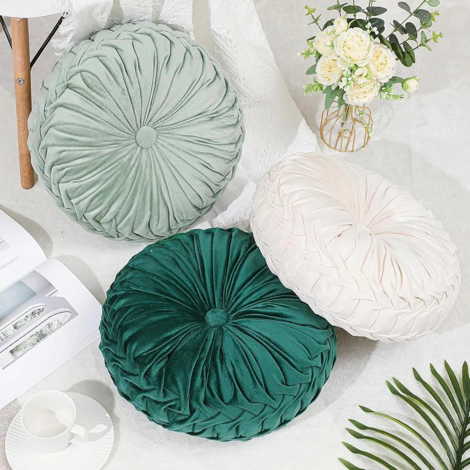 Round Throw Pillows Decorative Velvet Pleated Throw Pillows 15 Diameter Accent Pumpkin Boho Chair Cushion for Couch Sofa Chair H260330-image-1099631274