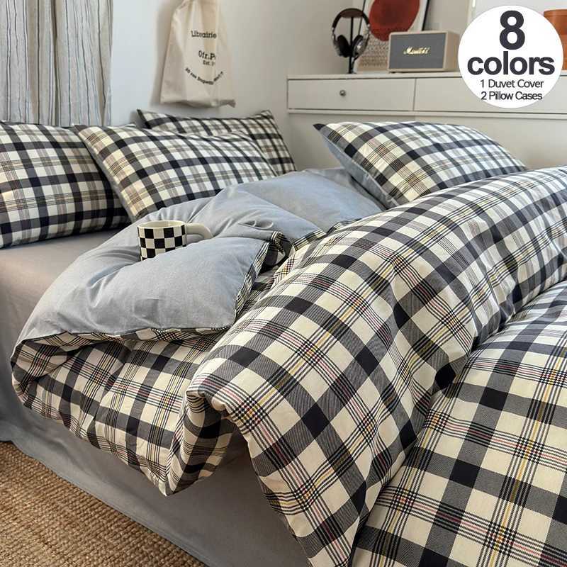 100 Cotton Plaid Style Duvet Cover Set with 2 Pillowcases - Soft Breathable Bedding Set Hypoallergenic Easy Care H260402-image-1100072562