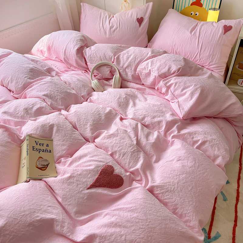 Korean Solid Color Bedding Set Adults Kids Twin Full Queen Size Soft Bed Flat Sheet Duvet Cover Set Pillowcases Simple Bed Linen H260402-image-1100072466