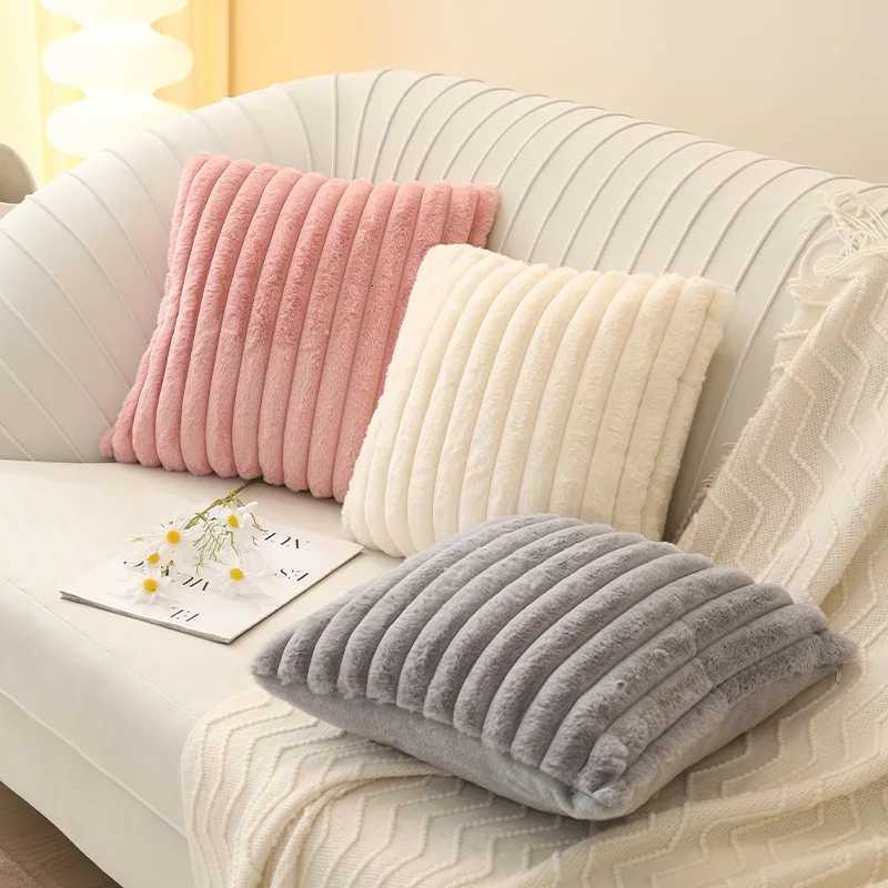 Soft Plush Square Pillow Cushion Cover Winter Thick Striped Soft Solid Color Throw Pillow Cover Nordic Sofa Decor Cushion Cover H260330-image-1099629765