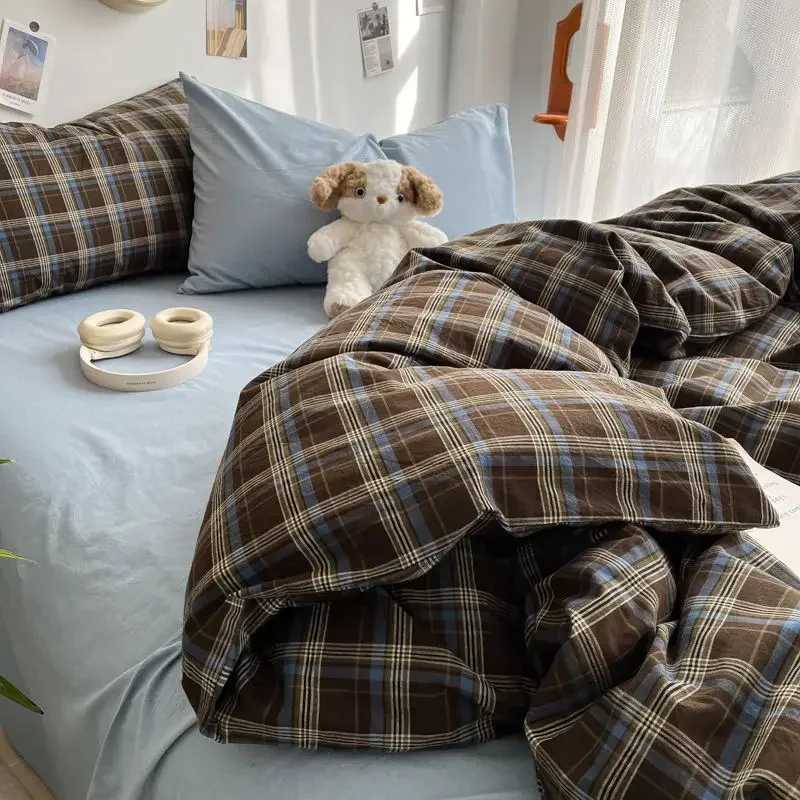 Bedding Set Ins Ambiance Blue Coffee Grid Mixed With Washed Cotton Minimalist Four Piece Set Fitted Sheets Duvet Cover H260402-image-1100072578