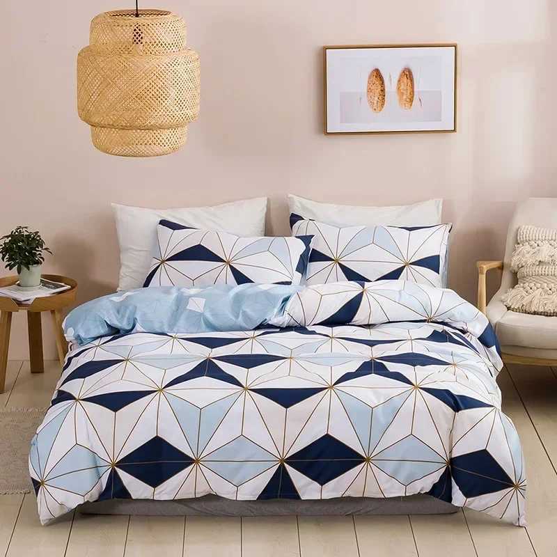 Brushed Print Blue Golden Diamond Duvet Cover Set Geometric Pattern Bedding Set for Hotels Schools Bedroom Soft Comforter Cover H260402-image-1100072414