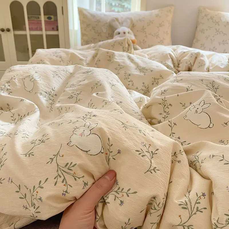 Ins Simple Little Rabbit Bedding Set 2025 New Four piece Set Washed Cotton Quilt Set Dormitory Bed Sheet Set for Girls H260402-image-1100072707