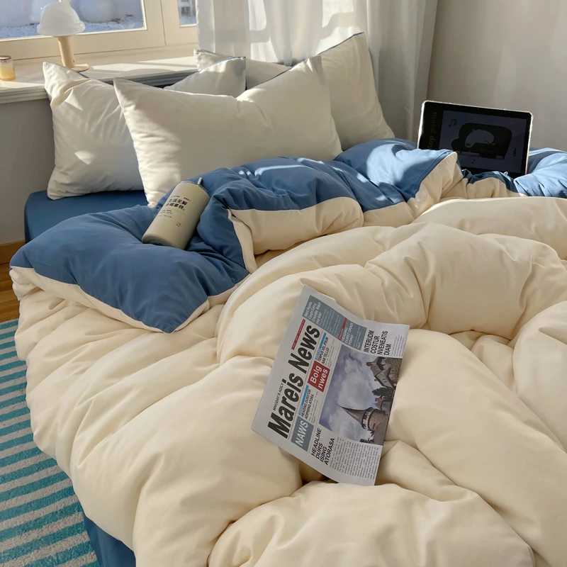 Cotton Bedding Set 4pcs with Solid Bed Sheet Duvet Cover Pillowcases Single Couple Bedsheet King Queen Double Twin Size H260402-image-1100072533