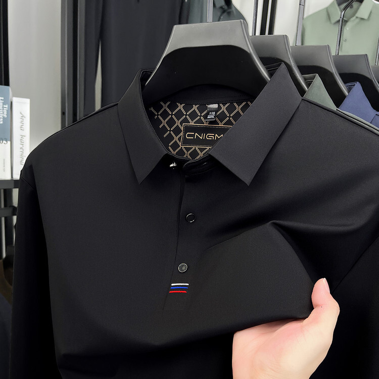 Men's Long Sleeve Polo Shirt, Black Cotton-Blend Funnel-Neck Casual Top, Quick-Dry Loose-Fit Polo T-Shirt With Button Placket and Rhinestone Logo Pr