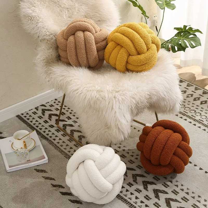Handmade Knotted Ball Decor Pillow Sherpa Roll Back Cushion for Living Room Sofa Bedroom H260330-image-1099630146