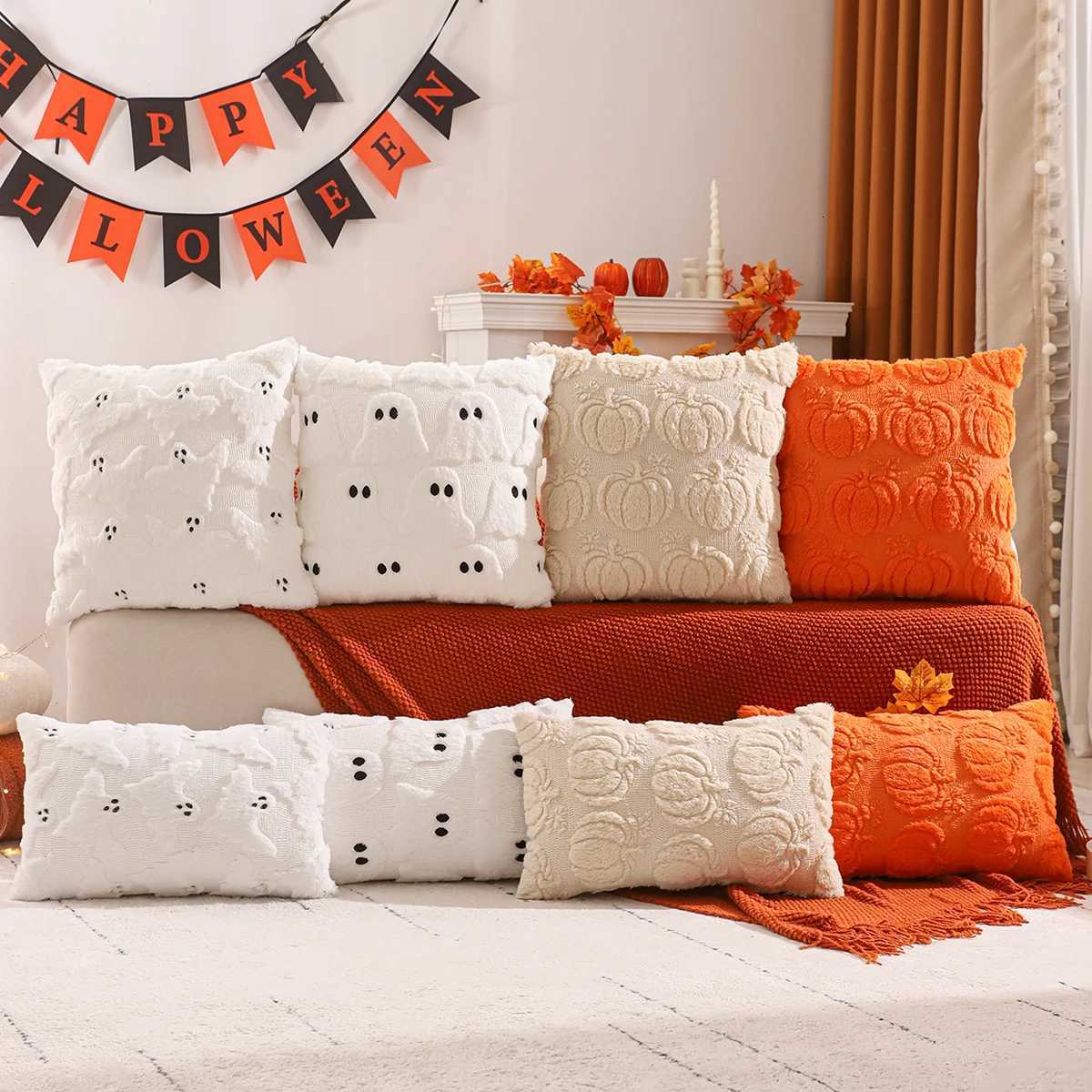 1 PC Halloween Decoration Throw Pillow Cover Pumpkin Ghost Quilting Plush Autumn Thanksgiving Harvest Home Living Room H260330-image-1099630424