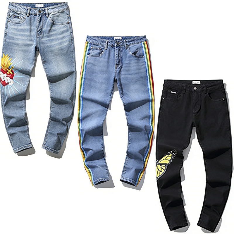 Palm Mens jeans Designer Embroidered Heart Rainbow Stripe Jeans High Street Fashion Slim Fit Denim women Pants Butterfly Print Streetwear Trouser-image-1099558511