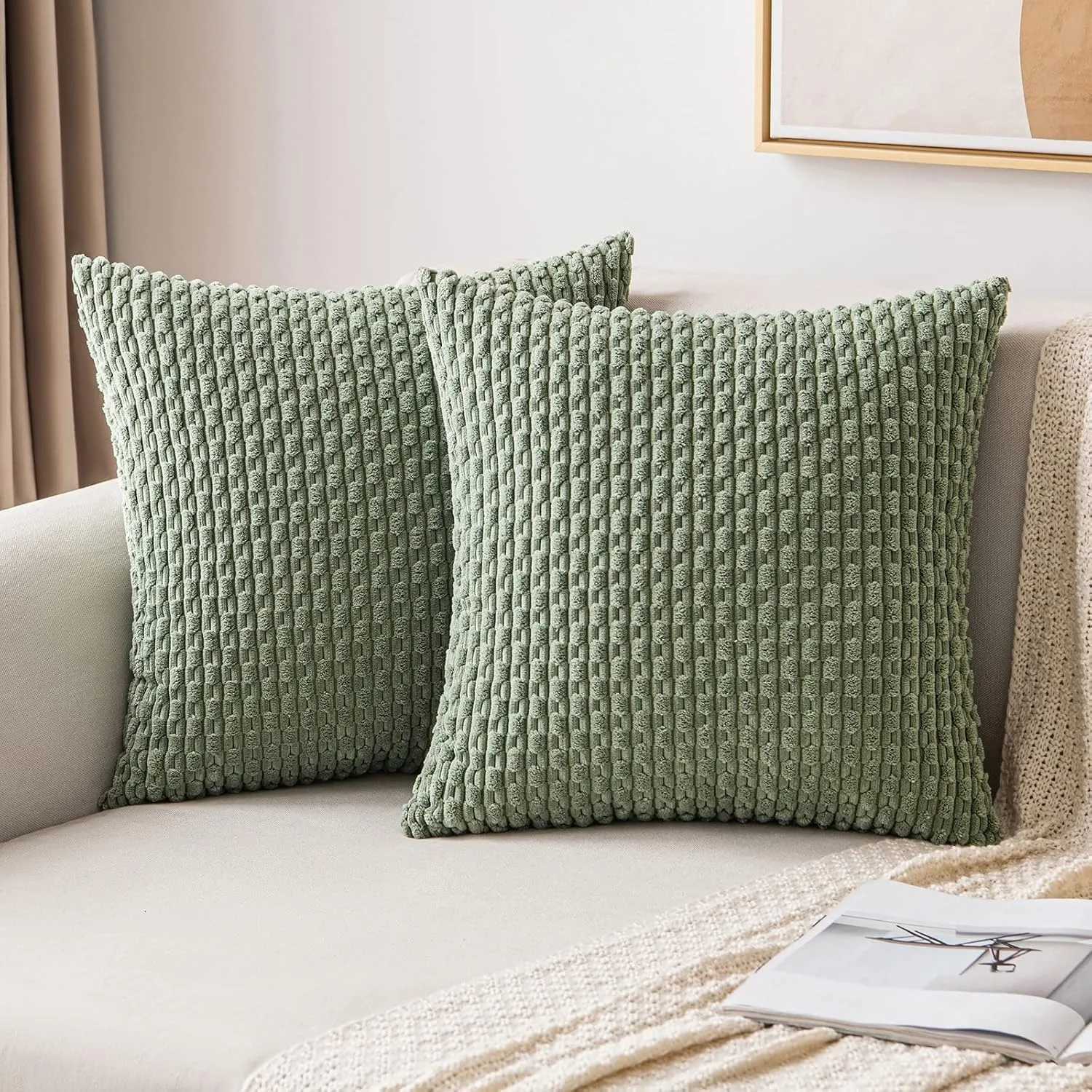 Green Pillow Covers Spring Decorations Boho Striped Corduroy Throw Pillow Cases Soft Plush Farmhouse Couch Cushion Case 45x45CM H260330-image-1099629853