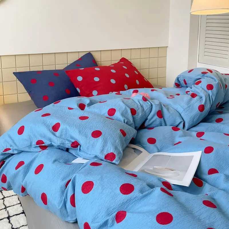 Polka Dot Bedding Set Blue Red Dots With Pillowcases Fitted Sheet For Teen Girls Women Cozy Bedroom Decor Full Queen Size H260402-image-1100072611