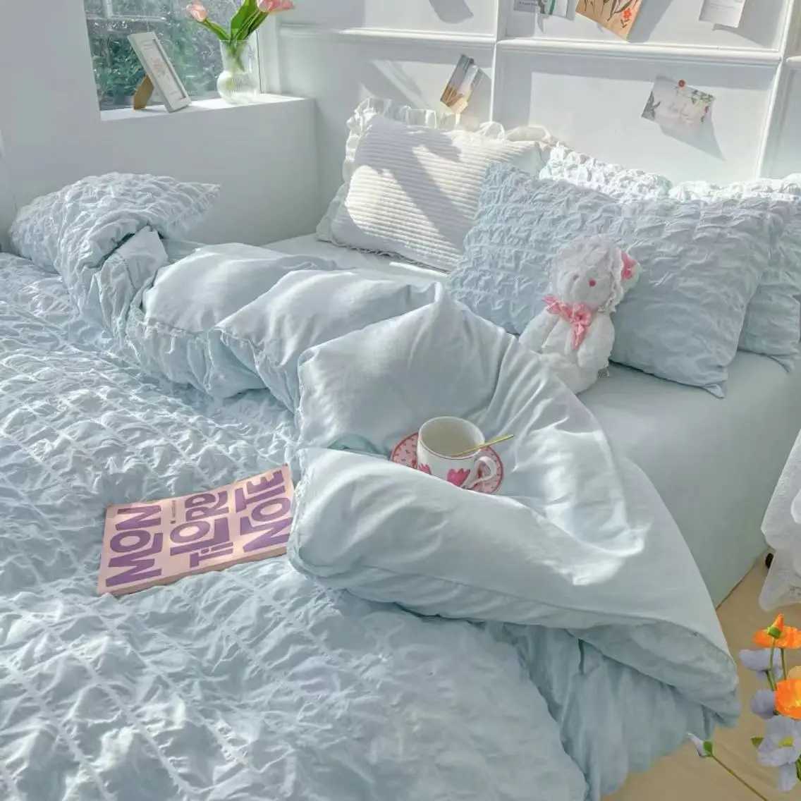 Princess Bedding Set French Style Wash Cotton Solid Color Seersucker Summer Soft 2024New Bed Sheet Set Comforter Set H260402-image-1100072698