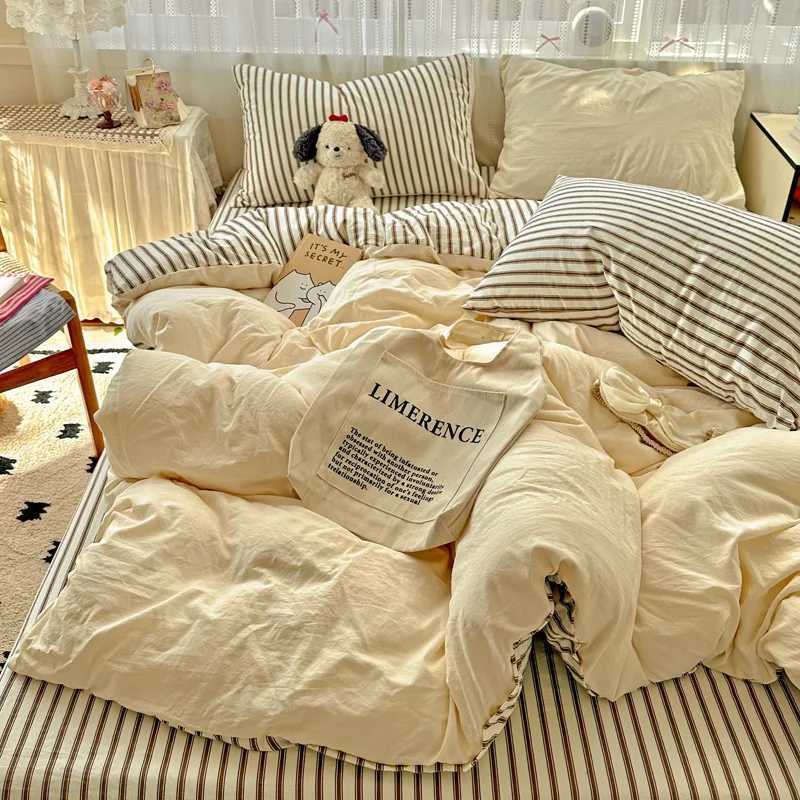 Striped Bedding Set Korean Style Duvet Cover Set Flat Sheets Set Single Twin Double Size Bed Linen Set Back To School Season H260402-image-1100072621