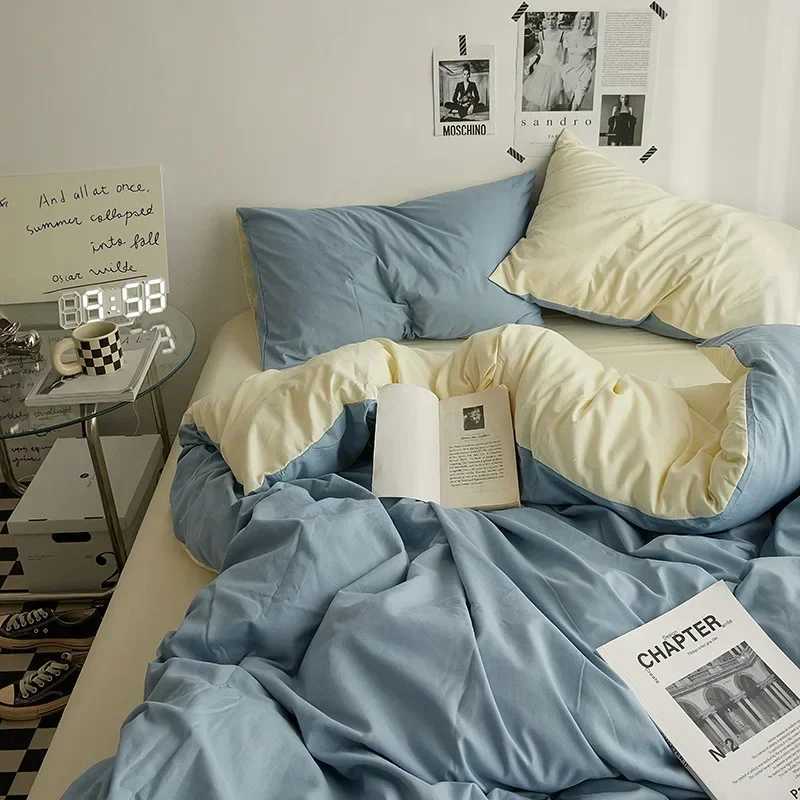 High Quality Solid Color Double Washed Cotton Bedding 4 Pieces Set Student Dormitory Bed Linen Duvet Set Bed Suit H260402-image-1100072713