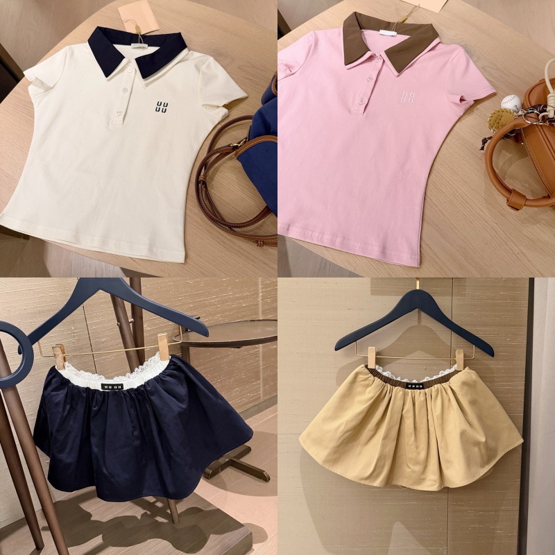 Women Slim T Shirt Mini Skirt Outfits Luxury Contrast Color Polo Tops Street Style Lace Patchwork Skirts Summer Travel Vacation Tees