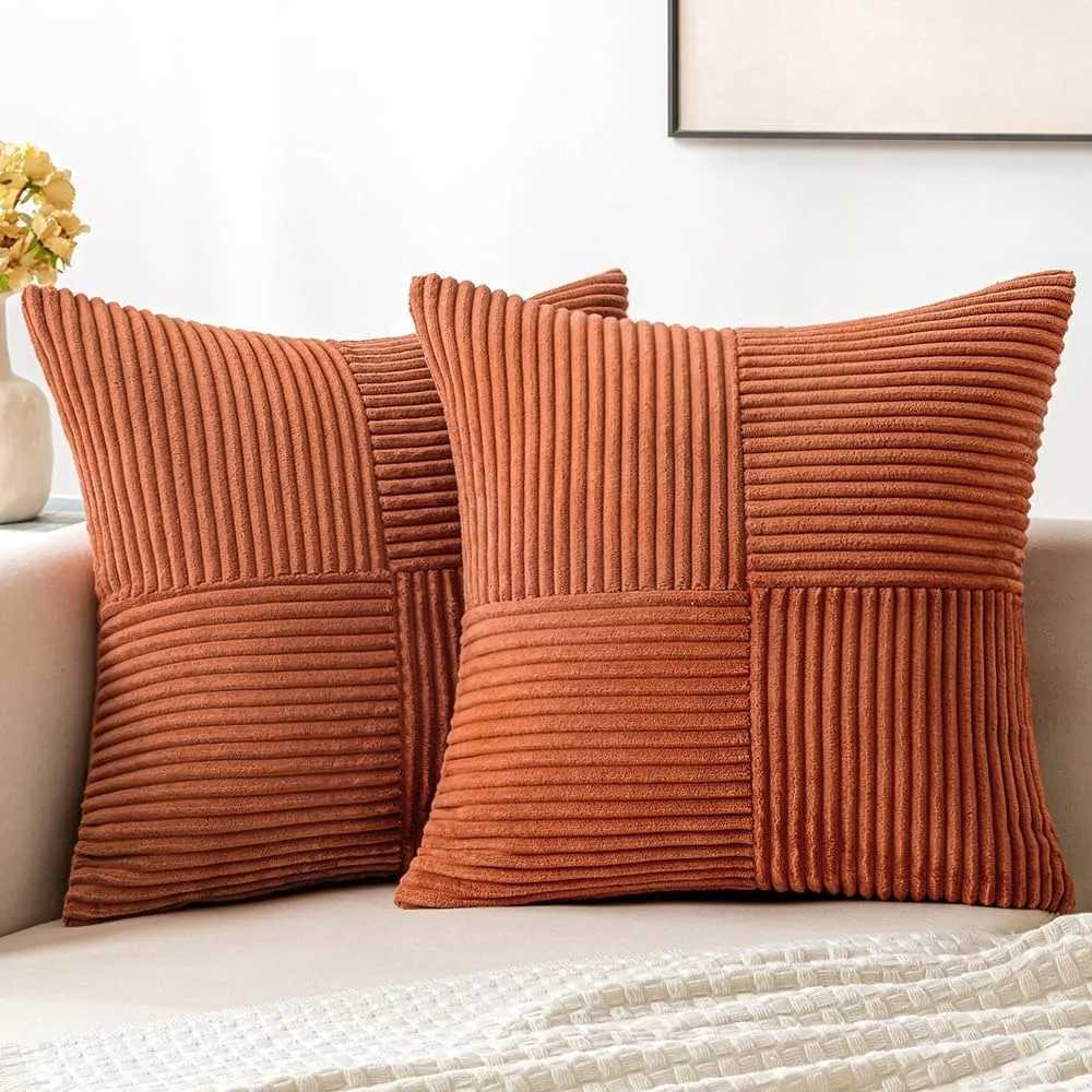 Rust Boho Throw Pillow Cover 18x18 Inch for Couch Bed Sofa Soft Corss Corduroy Patchwork Textured Terracotta Accent Cushion Case H260330-image-1099629703