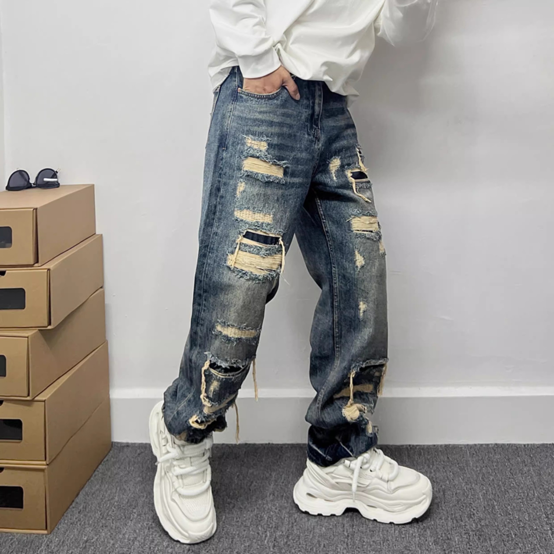 American Streetwear Ripped Patch Jeans Hip Hop Baggy Jeans Mens Clothing Vintage Denim Cargo Pants Japanese Harajuku Trousers 240821