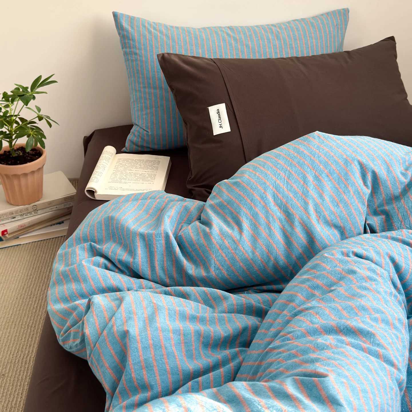 Simple Style Bedding Set Nordic Striped Duvet Cover Set 100 Cotton Flat Sheet Single Twin Size Double Bed Sheet Set For Bedroom H260402-image-1100072382
