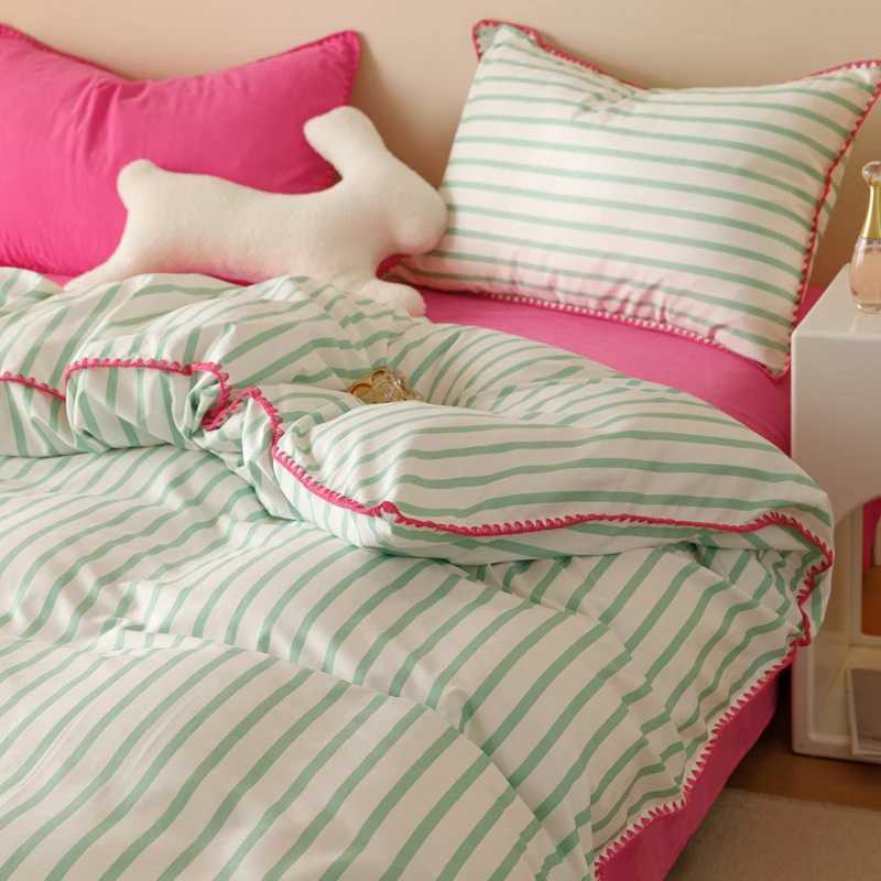 Bedding Set INS Girls Striped Soft Washed Cotton Bed Sheet Queen King Size Duvet Set Comforter Set Pillowcase Bed Linens H260402-image-1100072167