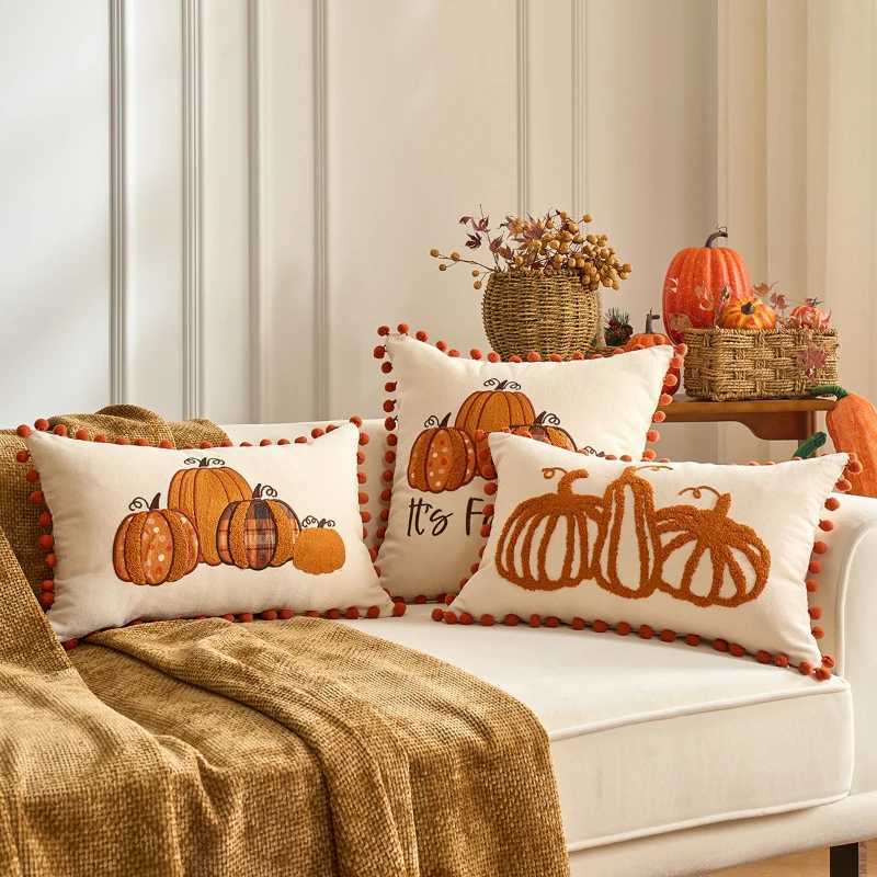 Pumpkin Tufted Velvet Throw Pillow Cover Autumn Cushion Cover Maple Leaves Pillowcase for Home Sofa Living Room Fall Decor H260330-image-1099630550