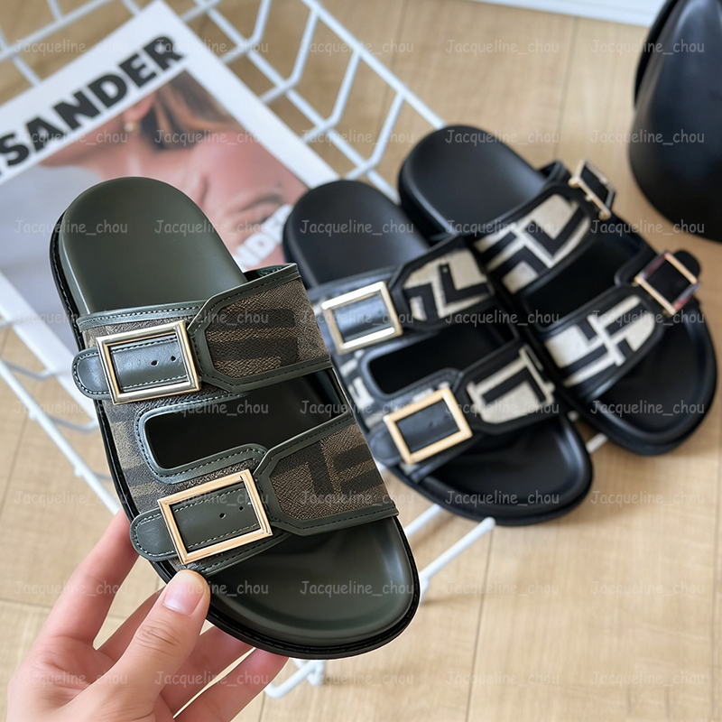 Womens Sandals Designer Slides Fashion Letter Double Buckle Beach Sandles Canvas Leather Slippers Black White Army Green Summer Shoes Size 35-42-image-849956124