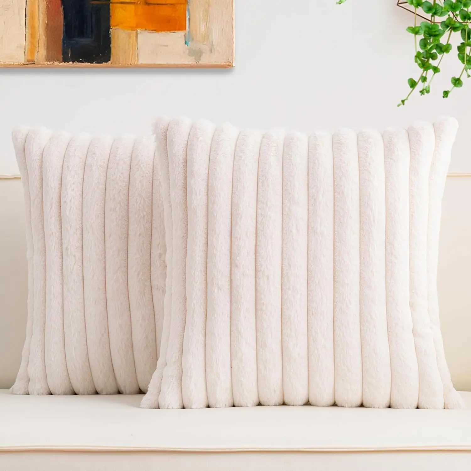 2-Pack Faux Fur Christmas Pillow Covers 18x18 Inch Soft Plush Striped Neutral for Sofa Living Room Bed Cream White H260330-image-1099629969