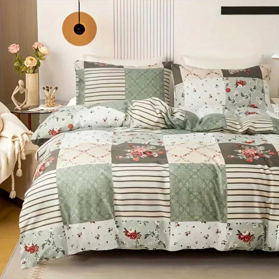 3pcs Light Green Bedding Set Grid Flower Print Cozy Duvet Cover Set King Queen Twin Single Size Birthday Gift for Bedroom Decor H260402-image-1100072187