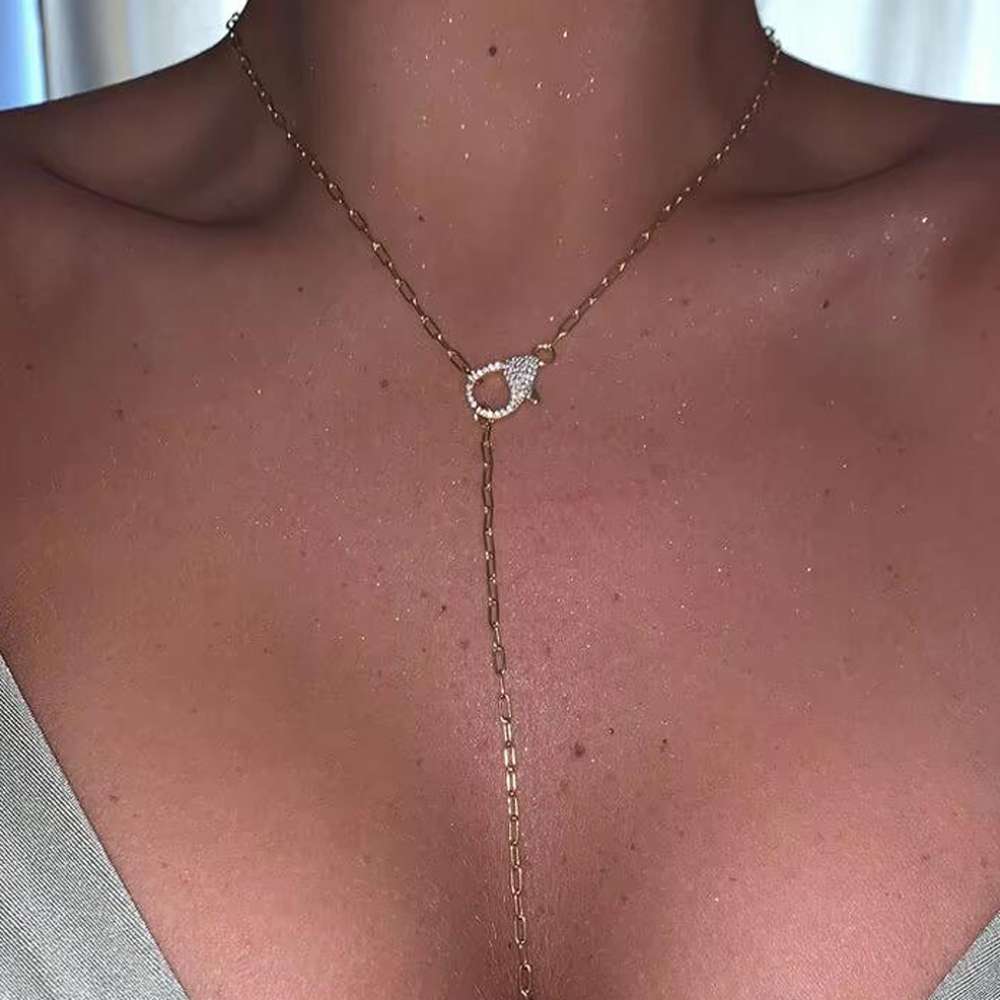 Collier à breloques avec fermoir mousqueton pavé Bling CZ pour femmes, trombone Unique, chaîne à maillons longs réglable, ras du cou, bijoux, ven