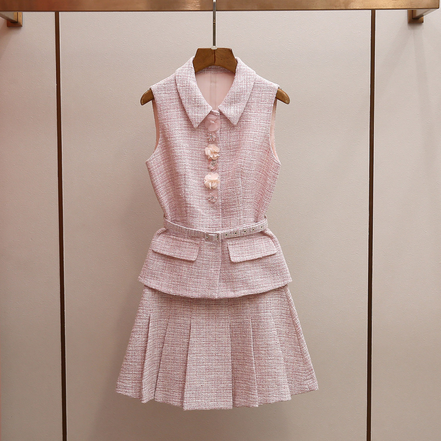 Pink dress High-End Women's Clothing Spring New Sweet Pink Sequin Two-Piece Look Vest Dress for Women