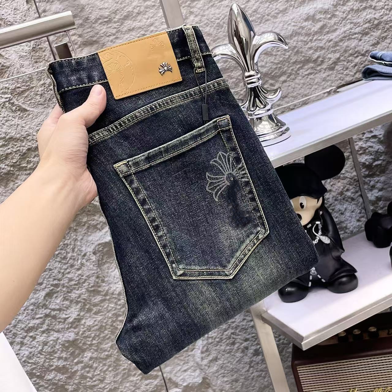 Men's Jeans designer custom-made retro-style small-leg casual luxurious long pants, washed denim fabric HHRU