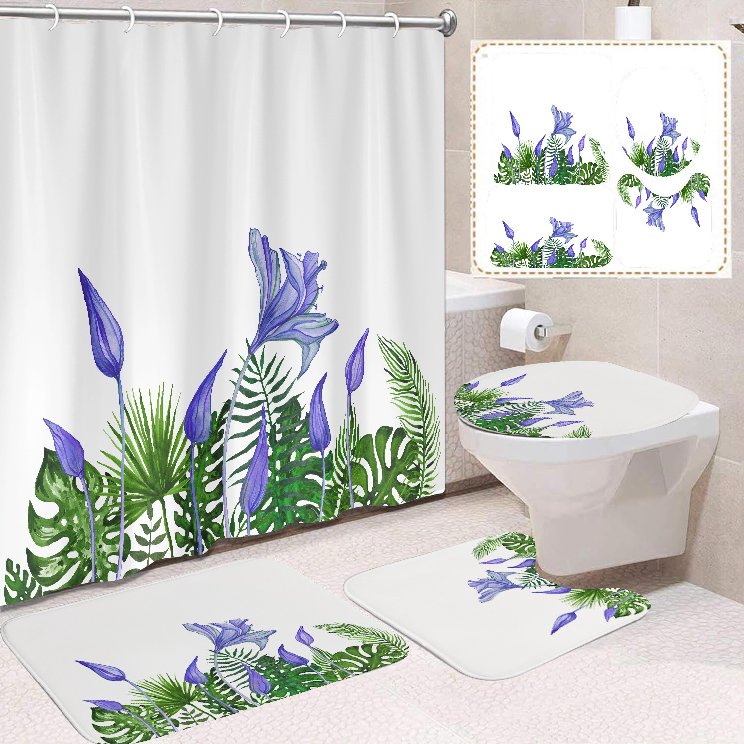 YL-38413 Floral Shower Curtain and Floor Mat Set (4 Pieces) - Bathroom Dry and Wet Separation, Toilet Isolation Curtain, Modern Minimalist Style-image-1099776046