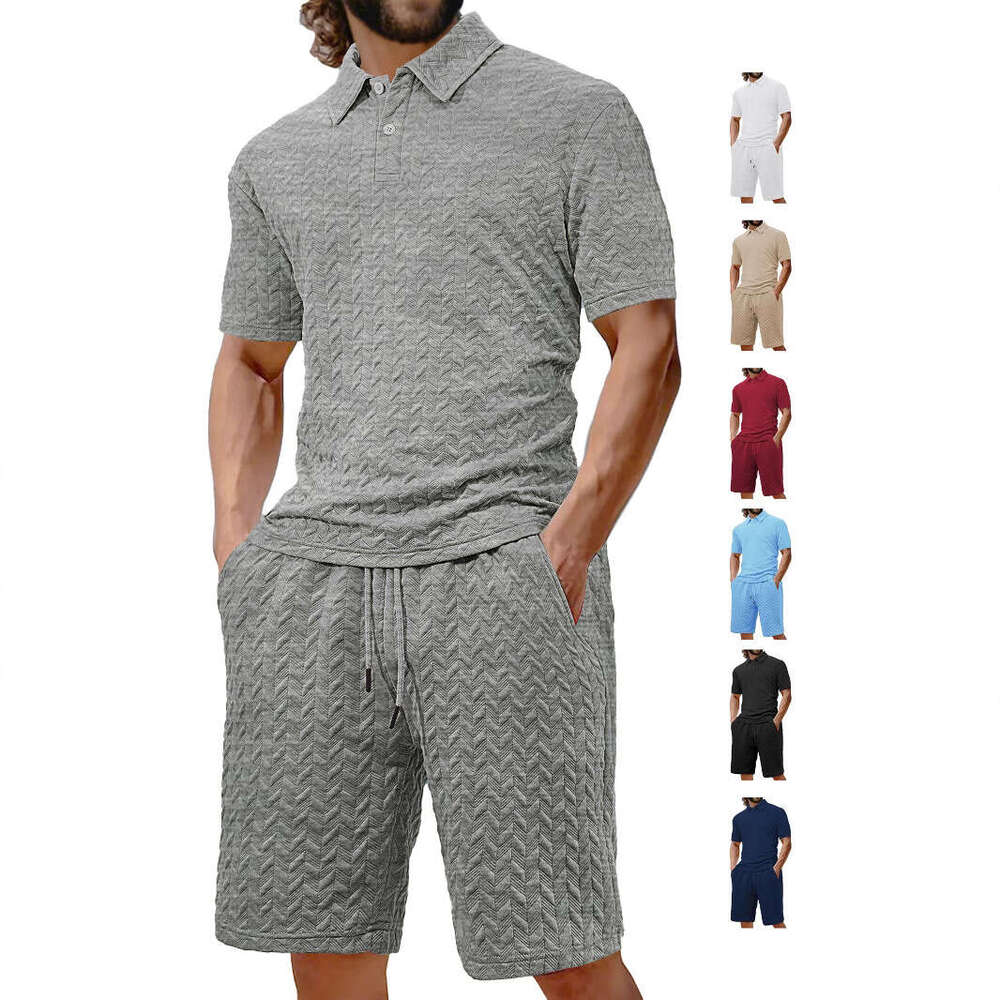 factory direct essential summer new casual loose turndown collar jacquard mens short sleeve polo shirt set