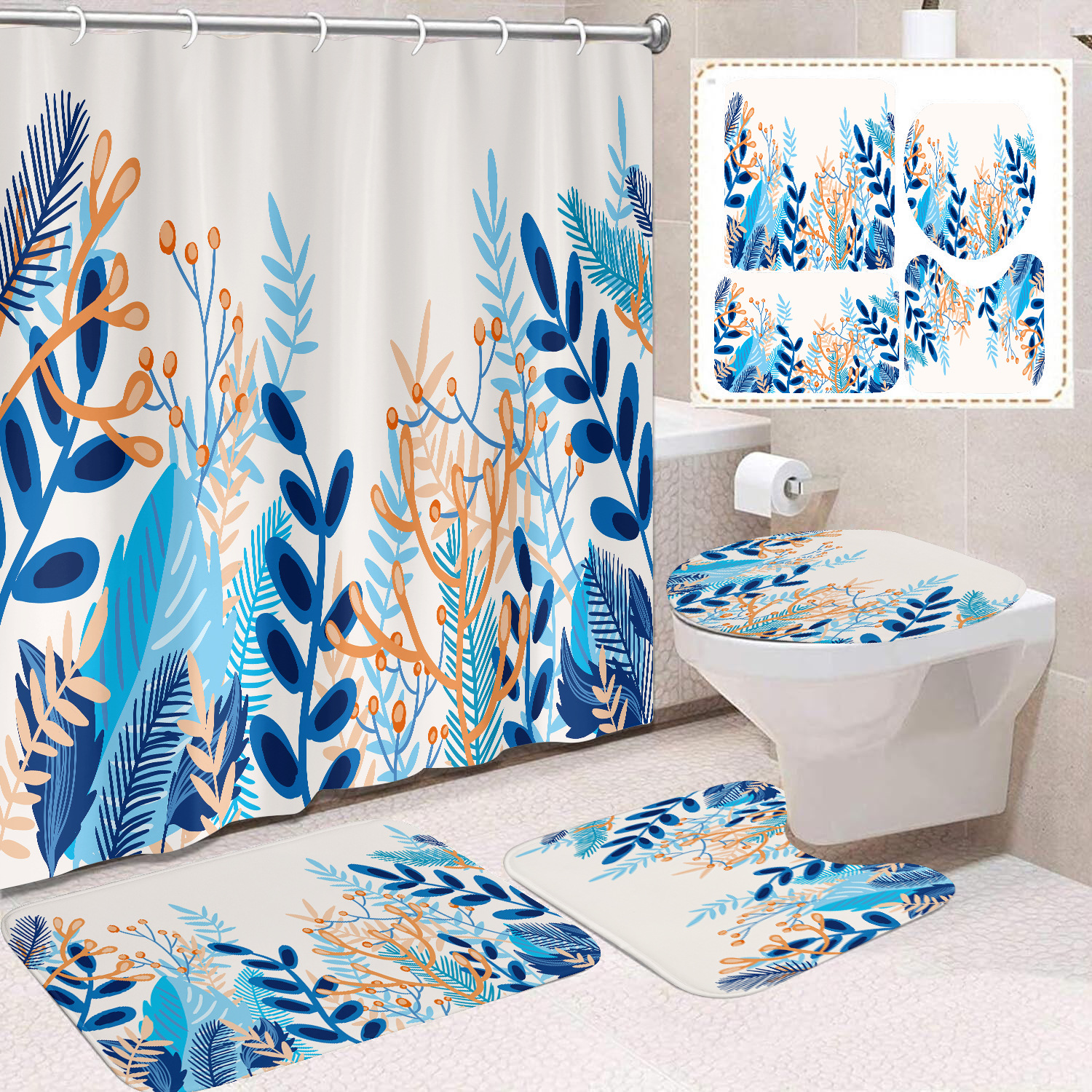 YL-38417 Floral Shower Curtain and Mat Set (4 Pieces) - Bathroom Dry and Wet Separation, Toilet Isolation Curtain, Modern Minimalist Style-image-1099781275