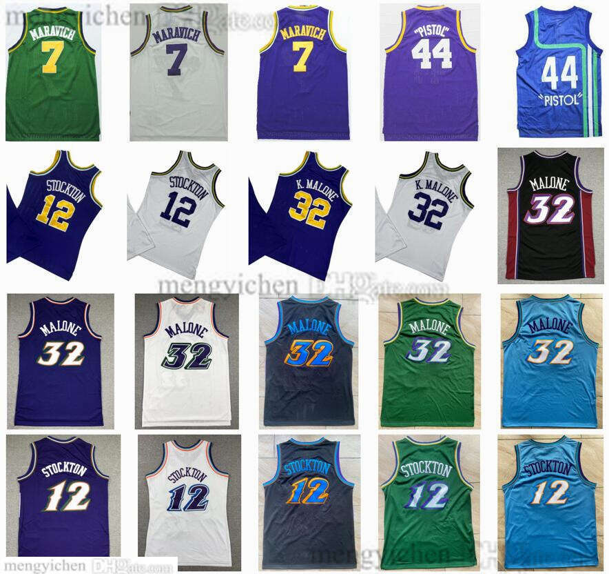 Mans Retro Basketball Jerseys 12 John Stockton 32 Karl Malone 44 Pete 7 Maravich Vintage Mesh All Stitched