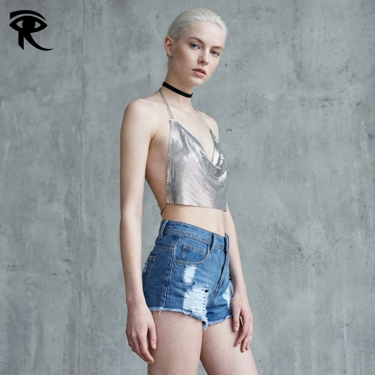 2026 Summer Sexy Party Wear Cami Tank Top Aluminum Mesh Fabric Metallic Sequin Spaghetti Strap Backless Music Festival Live Show Vest Original Fashi