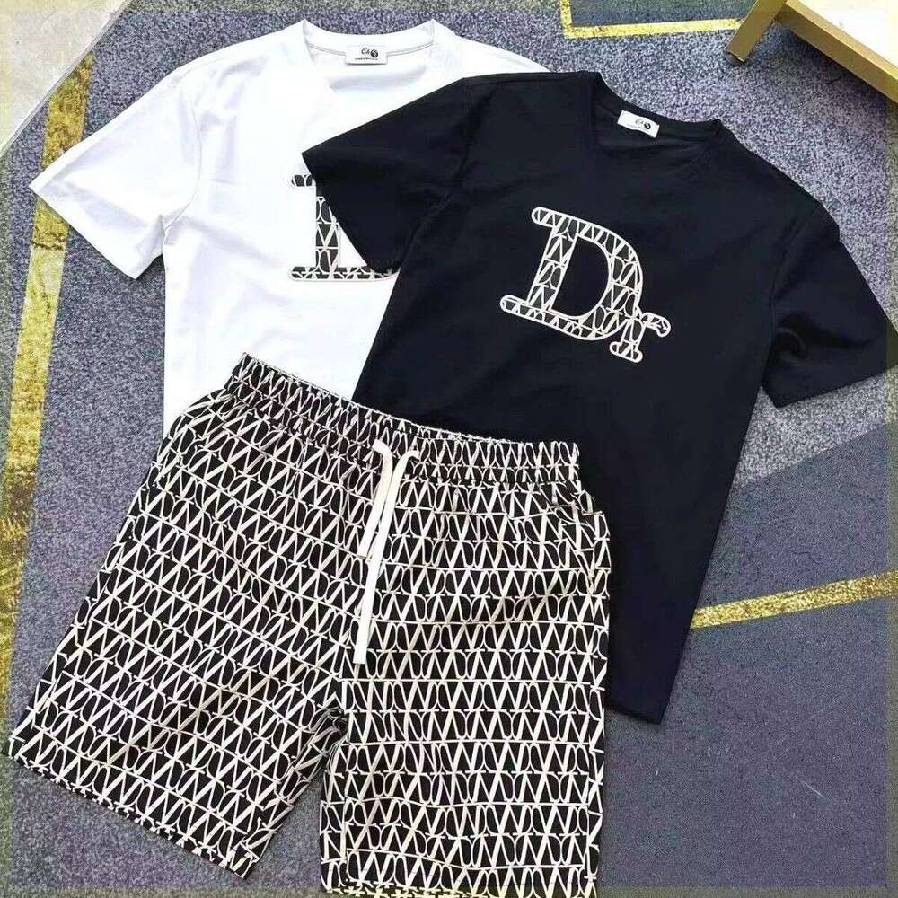 European style letter print short sleeve shorts two piece set for men summer trendy essential brand light luxury high end feel couple's outfit