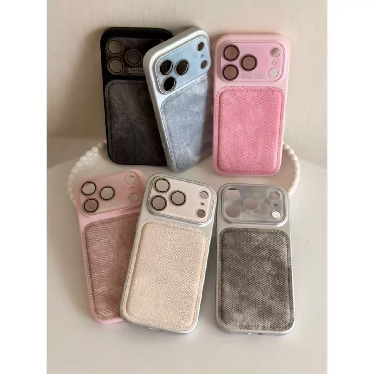 Gilded Denim Texture iPhone Case with Built-in Lens Protector Shockproof Luxury Cover-image-1099692905