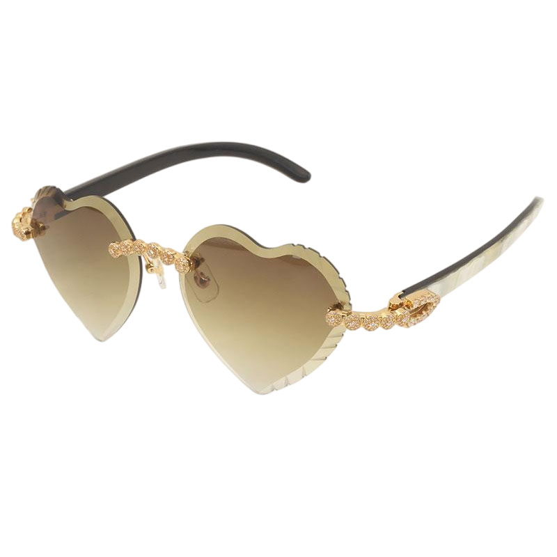 Designer Diamond Set Original Black and White Buffalo horn Rimless Sunglasses Rectangle Fashion Popular Women Men Shades Heart Sun Glasses For Femal
