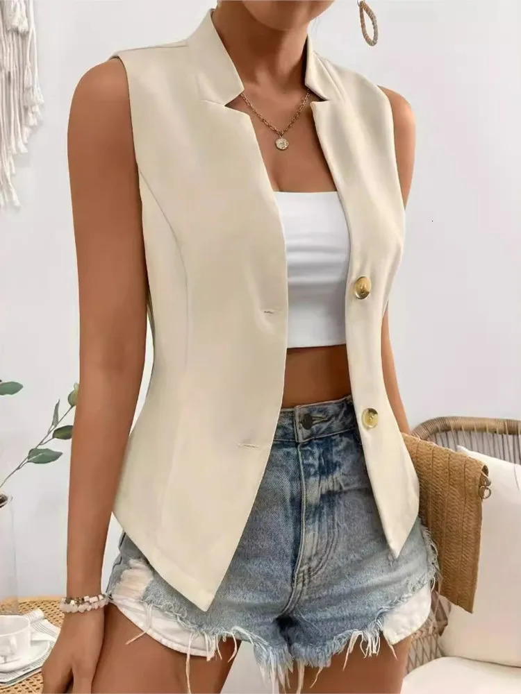 Womens Summer Solid Color Sleeveless Suit Vest Coat Top Fashion Temperament Lady Commuting Slim V-neck Buttons Waistcoat 260430