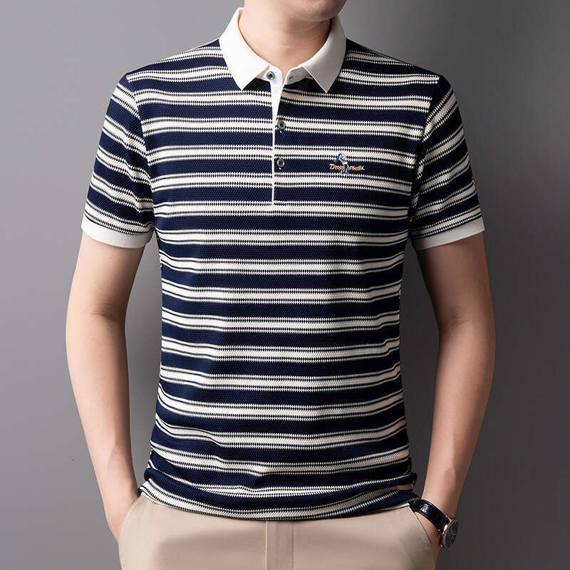 Luxury Brand Designer Clothes Embroidered Striped Short-Sleeve Men's T-Shirt, 2025 Summer New Korean Style Casual Fashion Trendy Round-Neck T-S
