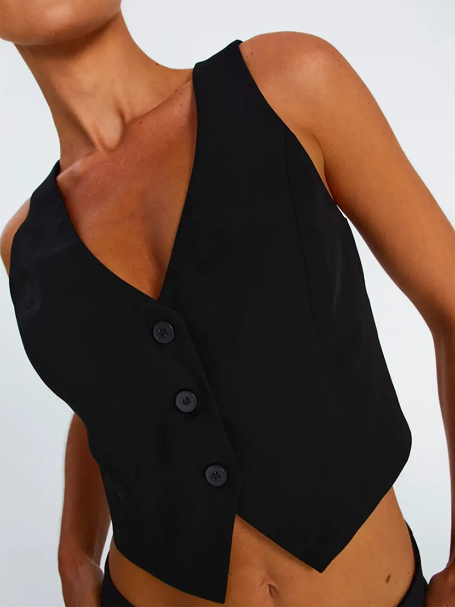 Womens Fashion Solid Vests Sleeveless Black V Neck Button Waistcoat Formal Business Tuxedo Shirt Slim Fit Cropped Blazer Vests 260430