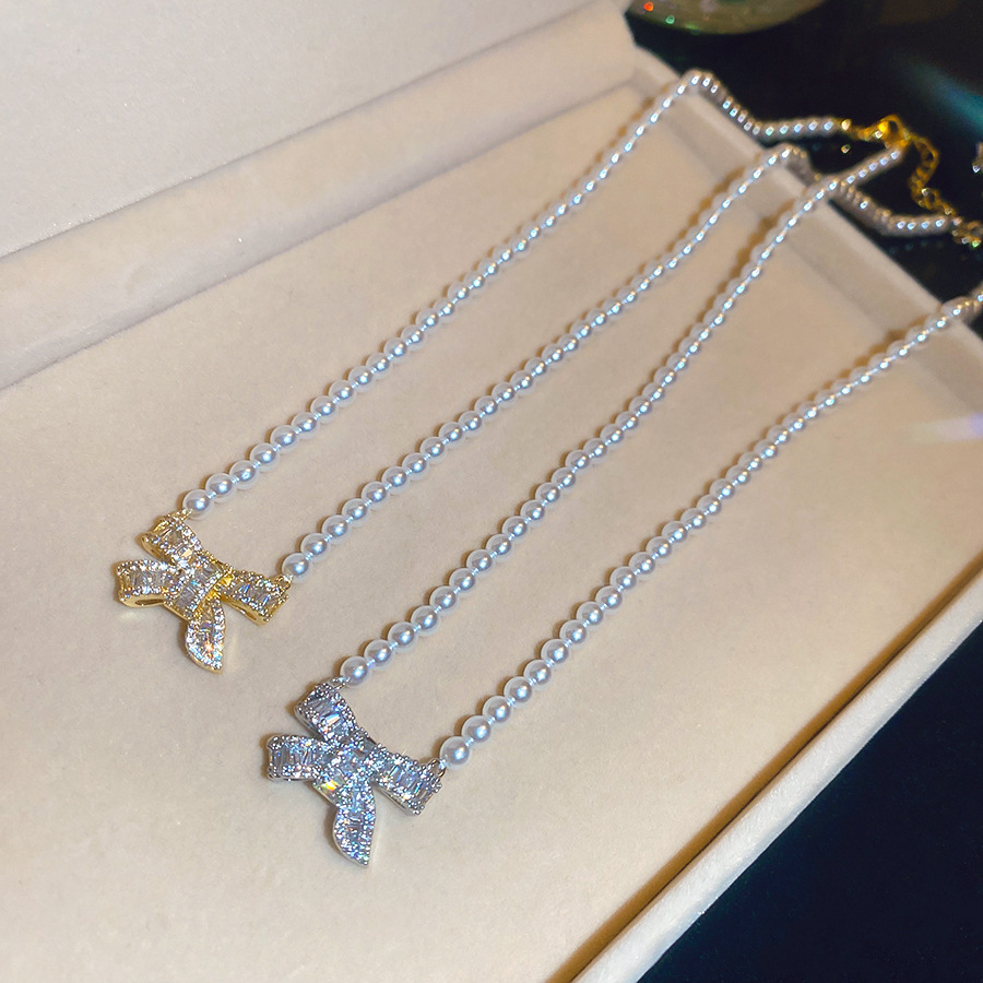 Collarbone summer fashion 2026 new trendy choker pearl bow necklace women's designer collarbone chain-image-1104342412