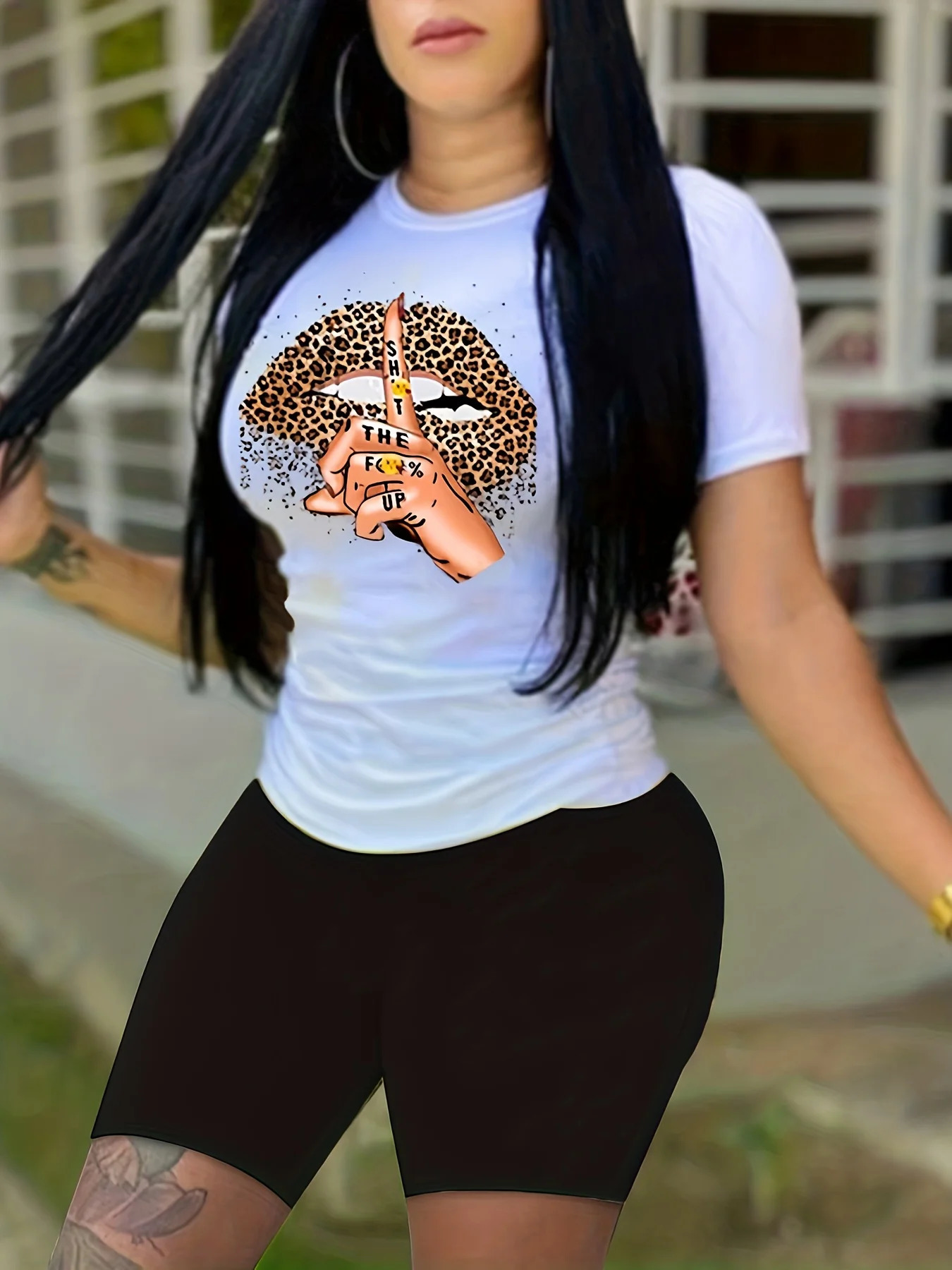 Womens summer casual loose fit large size Leopard Lips print round neck short sleeved T-shirtshorts two-piece set 260430