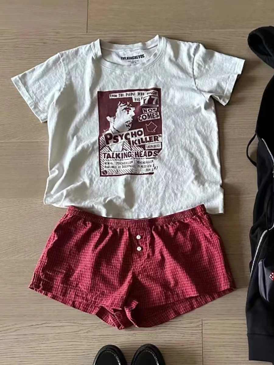 Anime Print T-shirt Shorts 2 Pieces Sets Cotton Loose Short Sleeve Tees With Red Plaid Sweatshorts Summer Streetwear Women Sets 260430