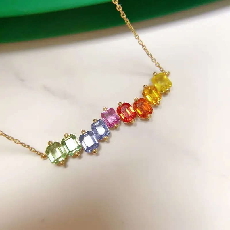 Fine Jewelry Solid Yellow Gold Natural Different Color Zircon Rainbow Wave Necklace Gifted for Women Birtthday Party 260429