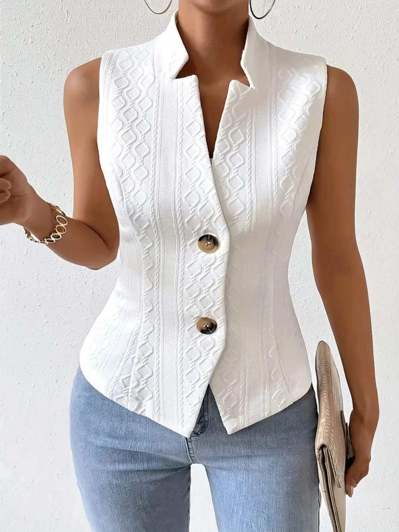 Womens Elegant V-Neck Sleeveless Blazer Vest Solid White Textured Button-Down Slim Fit Waistcoat Top 260430